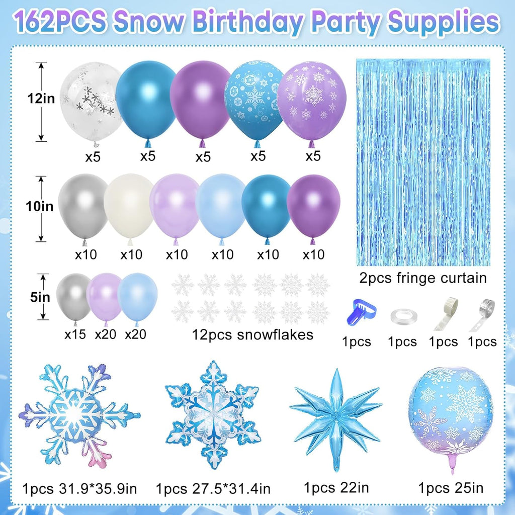 Amandir Snow Birthday Party Supplies - 162PCS Balloon Garland & Fringe Curtain | Blue & Purple Winter Wonderland Decor