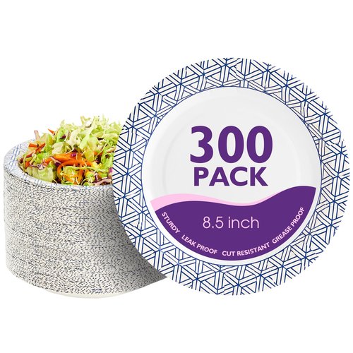 PACKINNO Disposable Paper Plates 8.5 Inch 300 Count, Soak Proof and Cut Resistant Heavy Duty Paper Plates Bulk for Parties, Picnics, Camping, and Everyday Meals