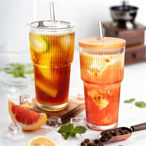 YupURStyle Premium Thick Glass Cups Set of 4 with Lids & Straws, 20oz Leak-Proof Vintage Tumblers for Bubble Tea Iced Coffee, BPA-Free Ribbed Drinking Glassware (20oz Ribbed 4Packs)