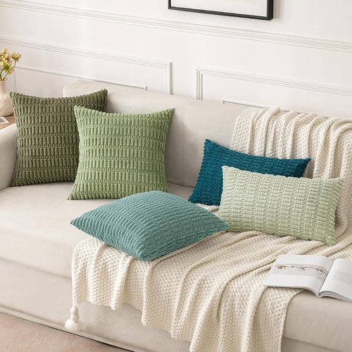 MIULEE Corduroy Decorative Throw Pillow Covers - Soft Boho Striped Design | 20x20 Inch Teal Green for Modern Farmhouse Decor