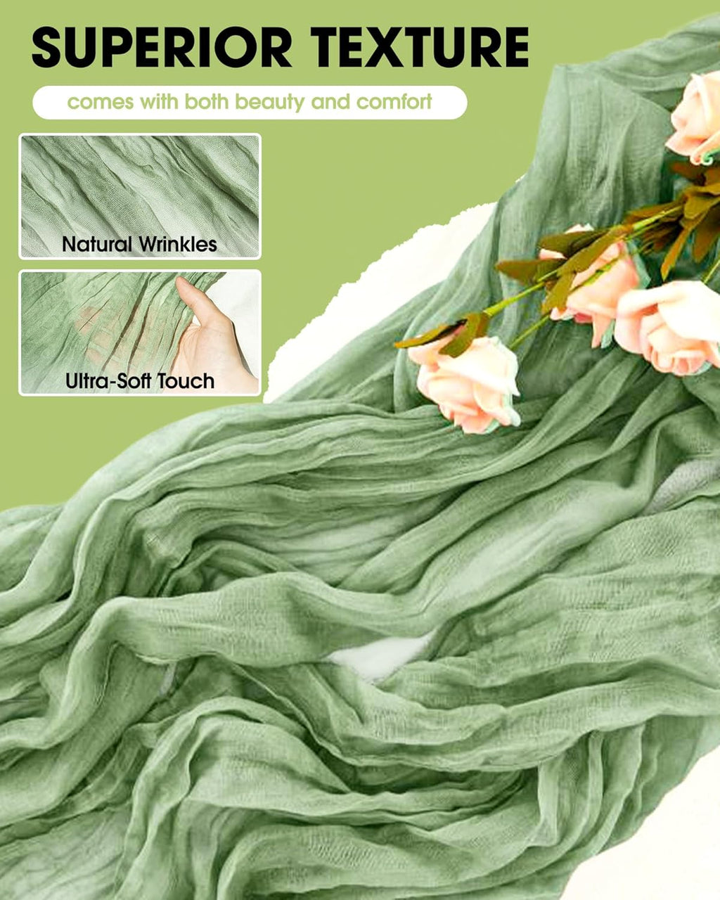 Pureegg Table Cloth Set - 8 Waterproof Disposable Tablecloths (54"x108") & 2 Decorative Cheesecloth Runners (35"x120") | Perfect for Parties, Picnics & Weddings in White & Sage