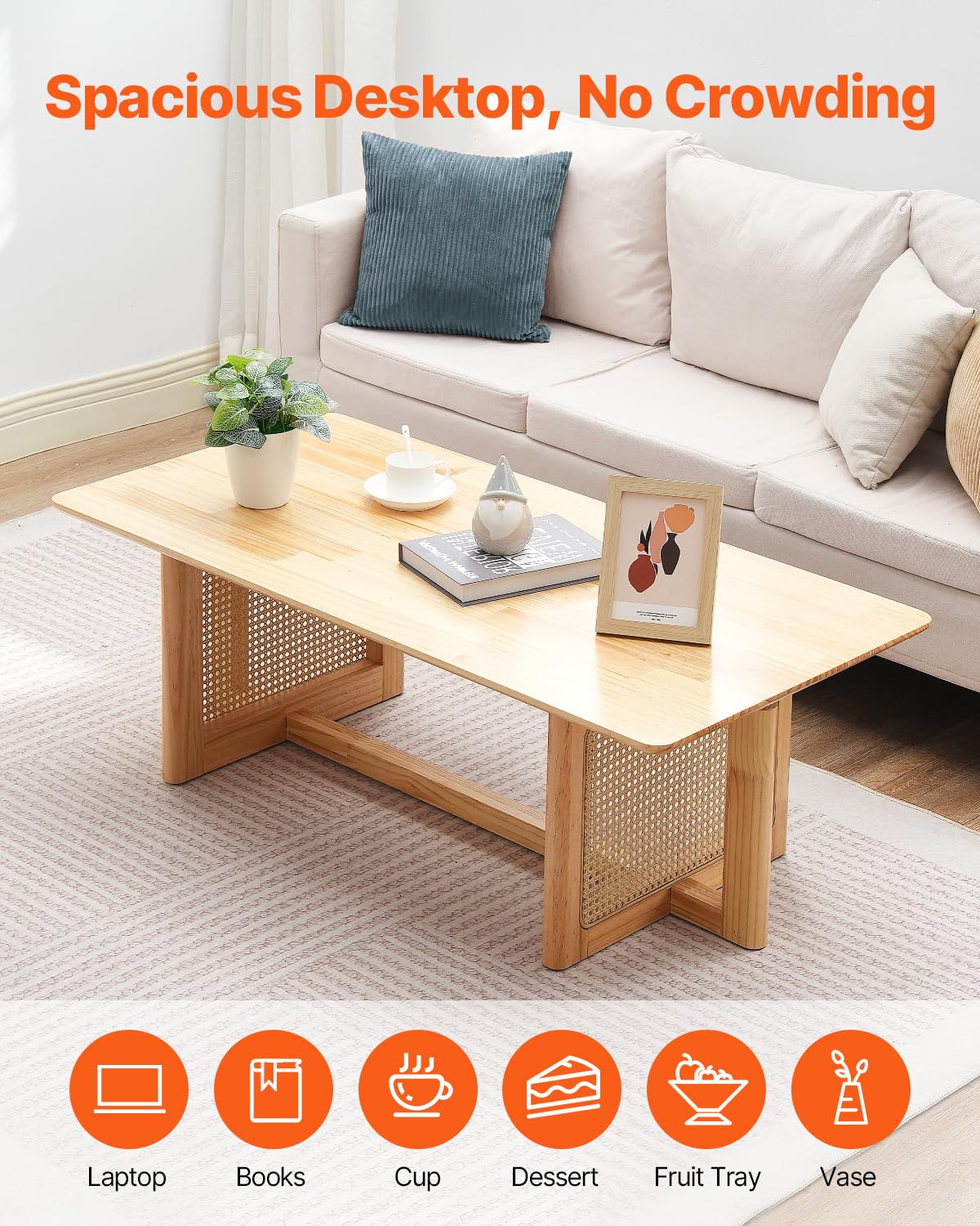 VEVOR Rattan Coffee Table, Rectangle Woven With Rubber Wood Top, 47-Inch Modern Boho Storage Table With Natural Legs, for Living Room, Bedroom & Small Spaces