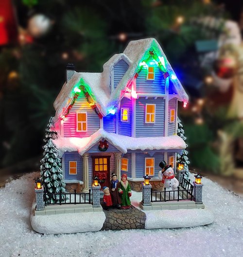 Moments In Time Vintage Christmas Village House - 8.9” Lighted LED Musical Décor with Snowman & Family Scene