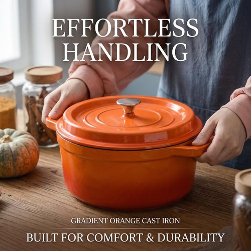 YJX Cast Iron Dutch Oven Pot with Lid, Enameled Cast Iron Pot, Orange Bread Dutch Oven, 4QT Heavy-Duty Cookware Oven Safe to 500°F for Bread Baking, Braising, Stews, Roasting