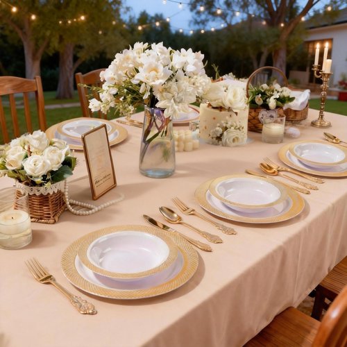 I00000 100 Gold Plastic Bowls, 12 oz White Disposable Bowls,Fancy Plastic Salad Bowl,Premium Heavy Duty Disposable Soup Bowl for Parties,Weddings,Dinners, Catering, Picnics