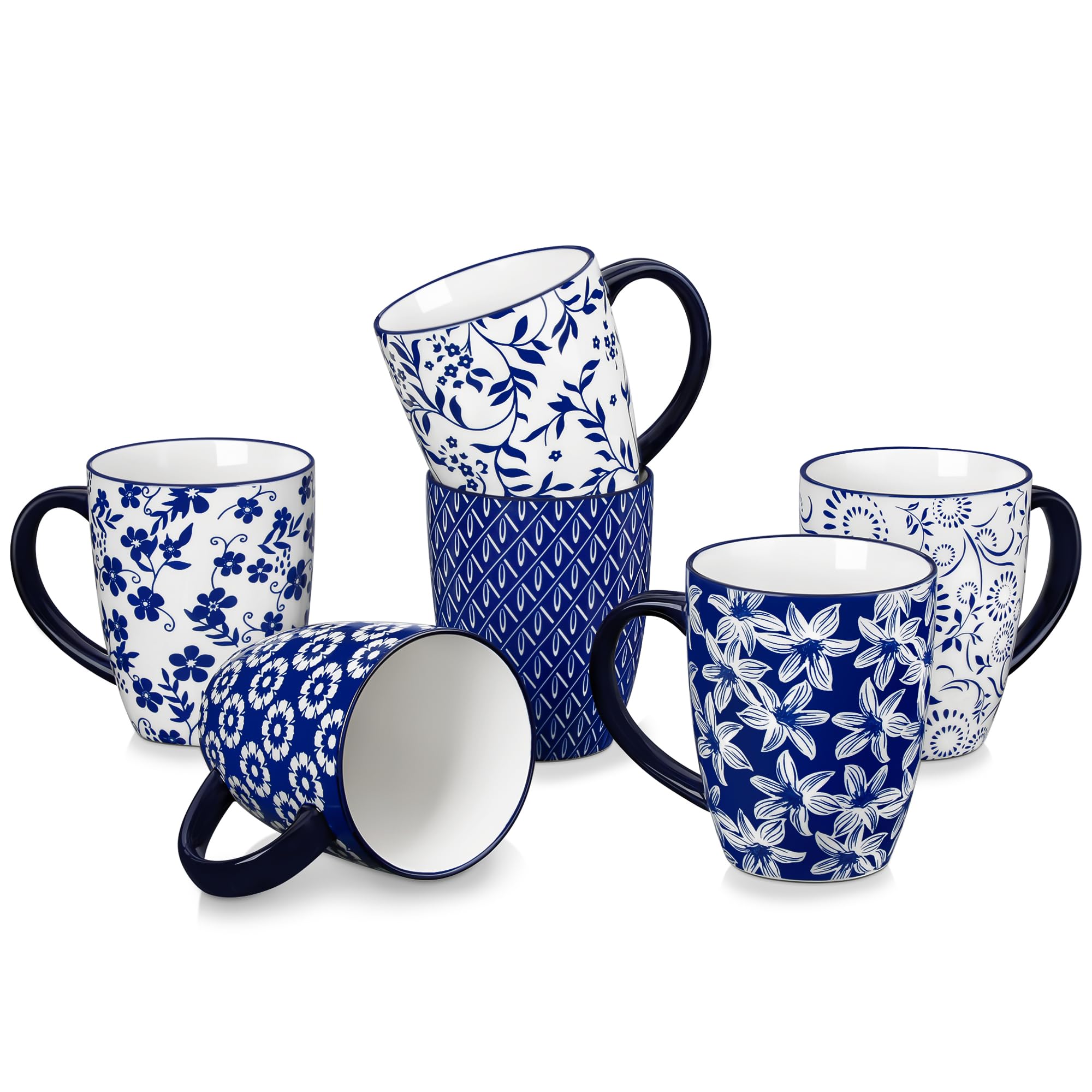 vancasso SELENE Large Coffee Mugs Set of 6, 16 Oz Porcelain Coffee Cups with Handle, Ceramic Tea Cup for Cappuccino, Latte, Tea, Cocoa, Dishwasher & Microwave Safe Gift Sets, Vintage Blue