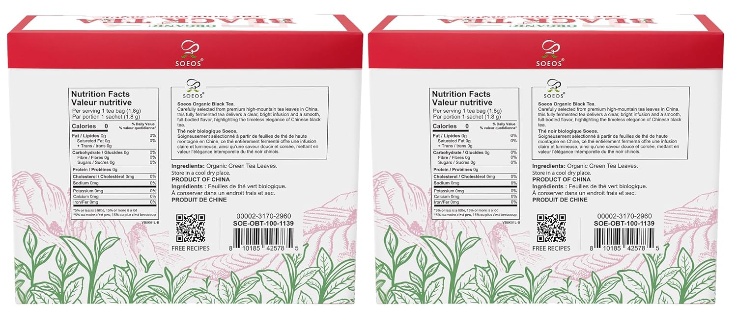 Soeos Organic Black Tea Bags - Bold Aroma & Smooth Flavor | 6.3oz (180g) Pack of 2