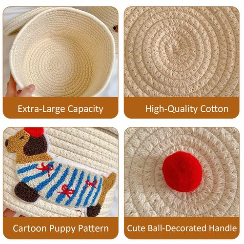 Cute Dog Cotton Rope Storage Basket with Lid, 10"×10"×9" Woven Storage Bin, Large Capacity Dustproof Toy Organizer, Decorative Laundry Hamper for Living Room, Nursery, Kids Room (Small)
