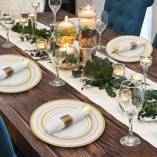 Goodluck 350-Piece Gold Plastic Dinnerware Set - Elegant Disposable Plates for 50 Guests | Includes Plates, Napkins & Silverware