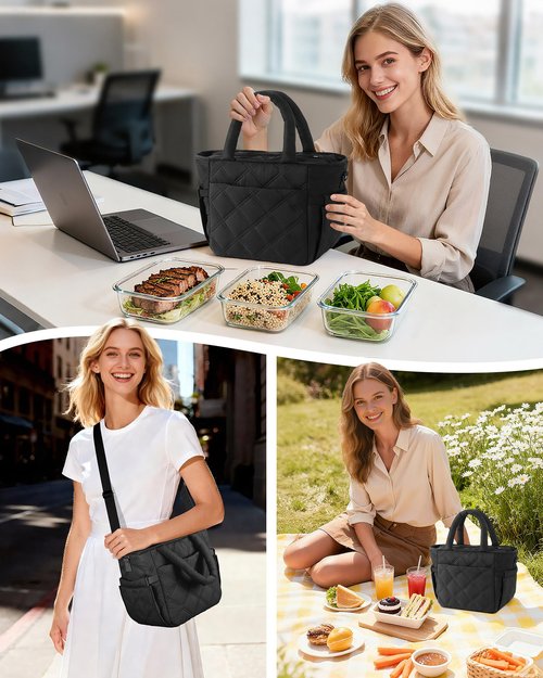 Afuosy Insulated Lunch Box for Women Men, Soft & Puffy Lunch Bag, Large Capacity Leakproof Reusable Tote Cooler Bag with 4 Pockets, Adjustable Strap, Ideal for Work, Outdoors, Picnic, Travel (Black)