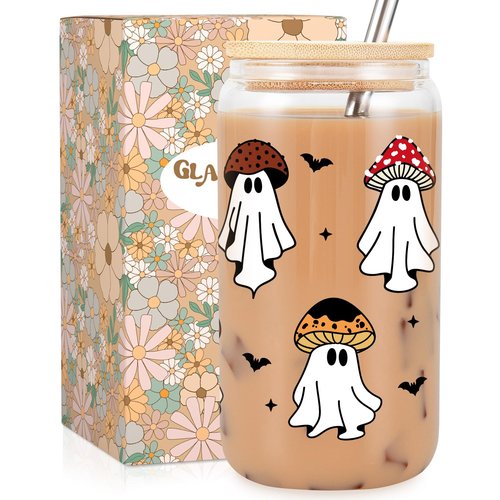 Fairy's Gift Ghost Mushroom Halloween Cup, Spooky Mushroom Ghost Iced Coffee Glass Tumbler, 16 oz Cute Cups with Lids Straws, Boo Basket Stuffers, Spooky Halloween Gifts for Women Teens, Fungi Lovers