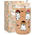 Fairy's Gift Ghost Mushroom Halloween Cup, Spooky Mushroom Ghost Iced Coffee Glass Tumbler, 16 oz Cute Cups with Lids Straws, Boo Basket Stuffers, Spooky Halloween Gifts for Women Teens, Fungi Lovers