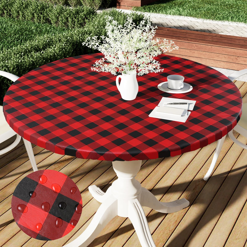 Smiry Round Picnic Tablecloth, Elastic Waterproof Fitted Vinyl Tablecloths for 57"-68" Tables, Flannel Backed Buffalo Plaid Table Cover for Dining, Camping, Outdoor, Black and Red