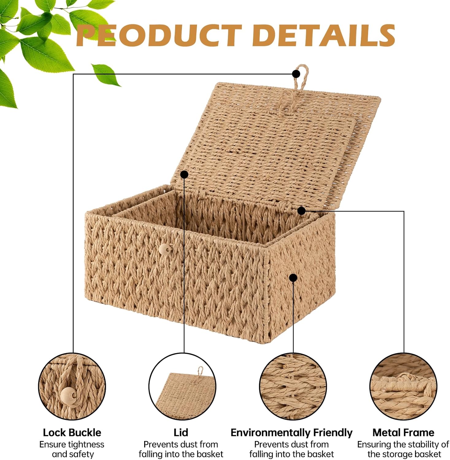 OIAHOMY Wicker Storage Baskets - Lidded Organizing Bins with Lock | Set of 2 in Natural Color