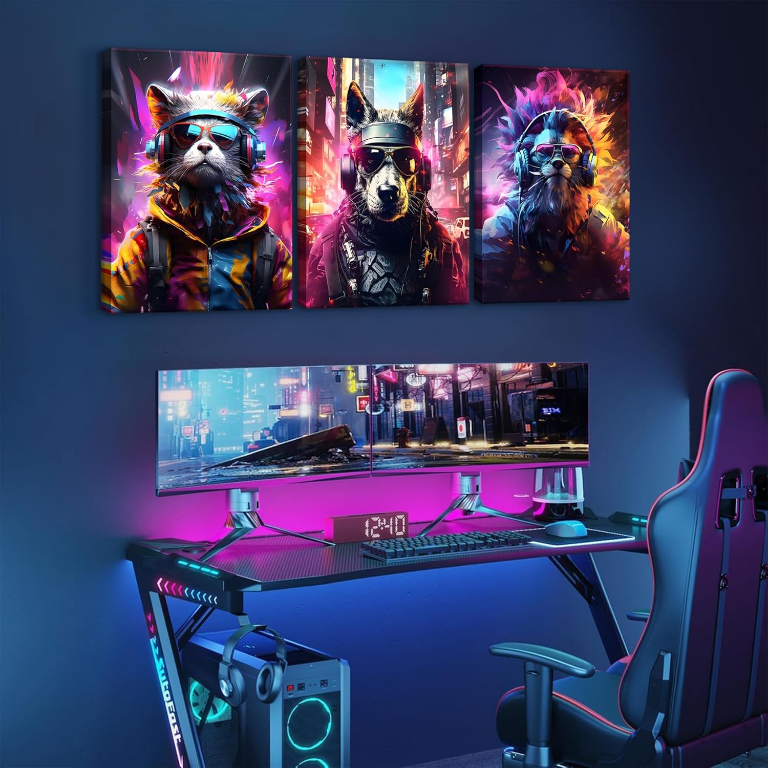 QGNBGBJ Framed Gaming Posters - Colorful Graffiti Animal Wall Art | Watercolor Cat, Dog & Lion Prints (12x16in)