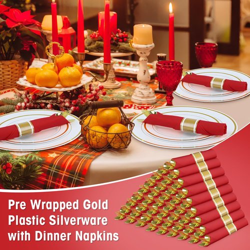 Pre Rolled Gold Plastic Silverware with Red Napkins, 100Pack Red Wrapped Cutlery with Napkin, Heavy Duty Prerolled Plastic Silverware, Rolled Cutlery with Christmas Napkins for Holiday