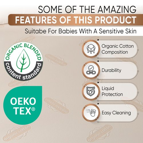 Crib Organic Mattress Protector Pad - OCS Certified Organic Cotton Waterproof Breathable Mattress Pad Cover - 250 GSM Comfort - Deep Pocket - Fitted Comfort