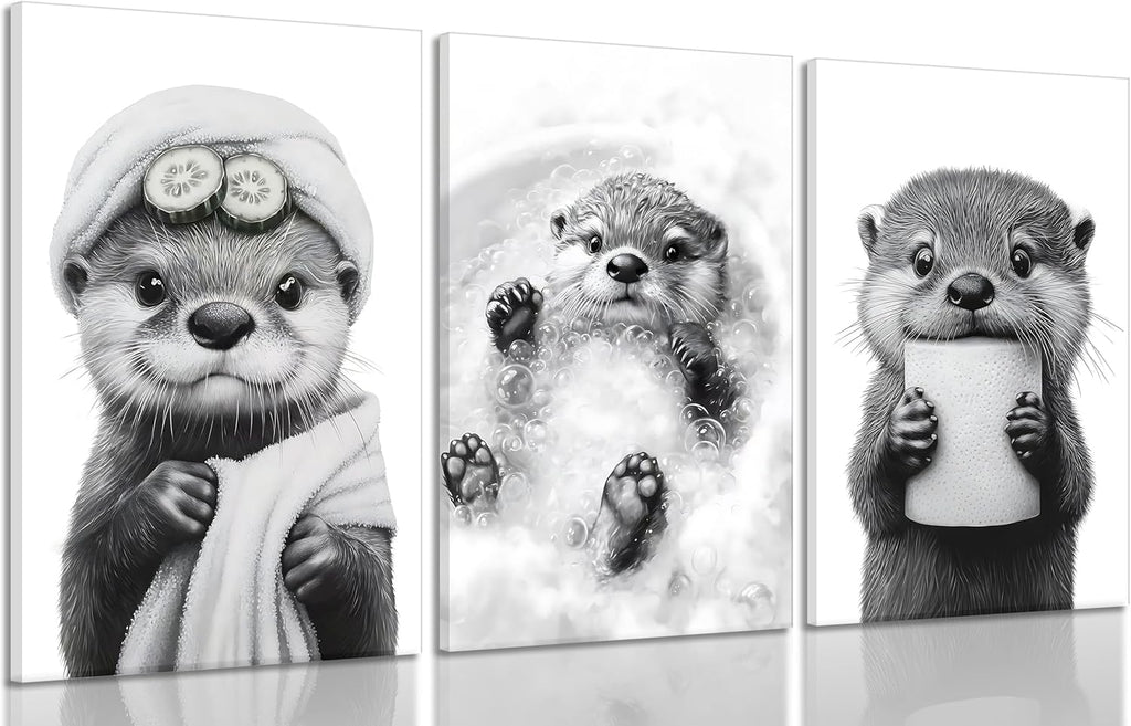 Skiennix Cute Otter Canvas Wall Art - Funny Black and White Bathroom Decor | 3-Piece Set