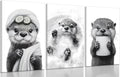 Skiennix Cute Otter Canvas Wall Art - Funny Black and White Bathroom Decor | 3-Piece Set