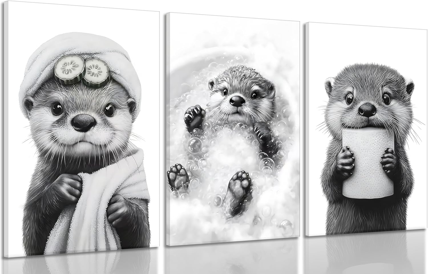 Skiennix Cute Otter Canvas Wall Art - Funny Black and White Bathroom Decor | 3-Piece Set