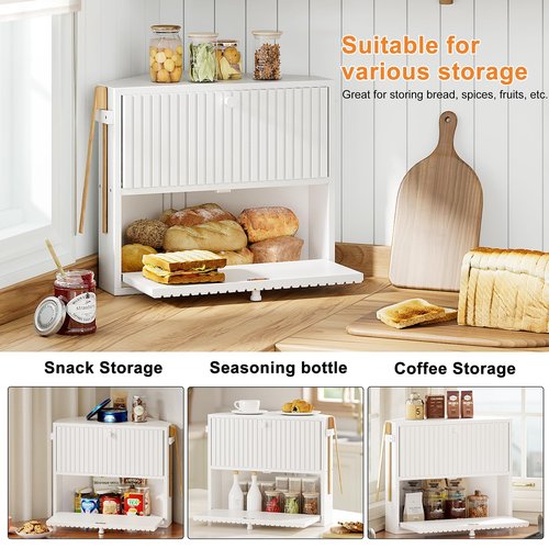 WOWLIVE Corner Bread Box for Kitchen Countertop, Large Vintage Bread Storage Container Bin for Homemade Bread, Double Layer Farmhouse Bread Holder for Kitchen, Cabinet, Pantry (White, Medium)