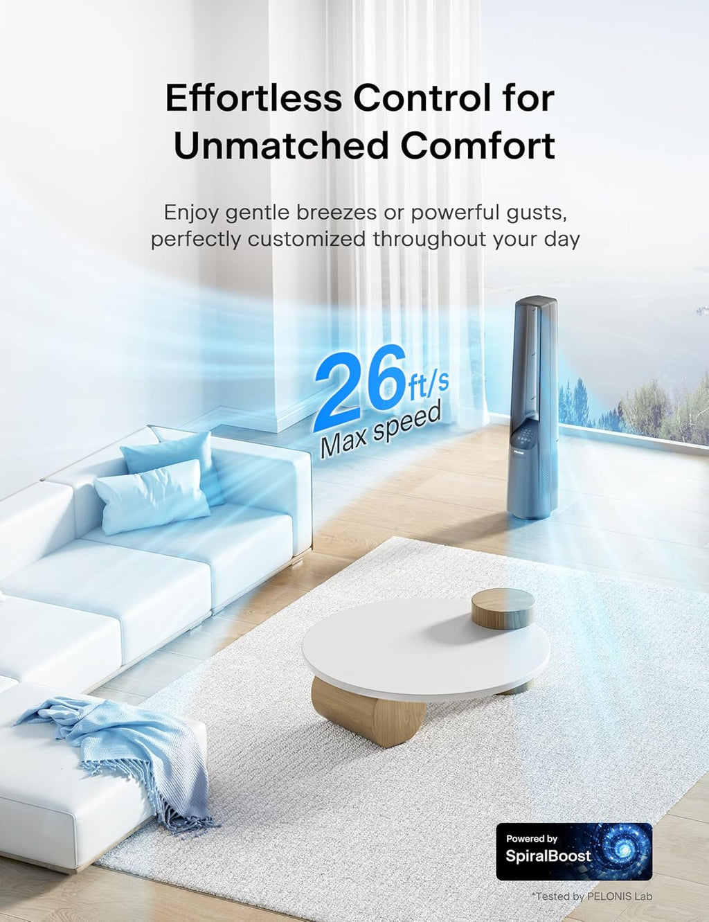 Pelonis Bladeless Tower Fan - Ultra-Quiet 22 dB Motor, 6 Speeds, Remote Control, 90° Oscillation, Safe for Home & Office