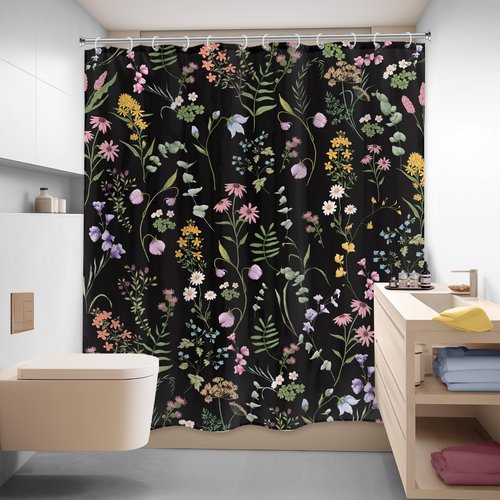LIGHTINHOME Black Floral Shower Curtain 60Wx72H Inches Cute Dark Wildflower Rustic Flower Blossom Farmhouse Leaves Botanical Cloth Fabric Waterproof Polyester Bathroom Home Decor Set with Hooks