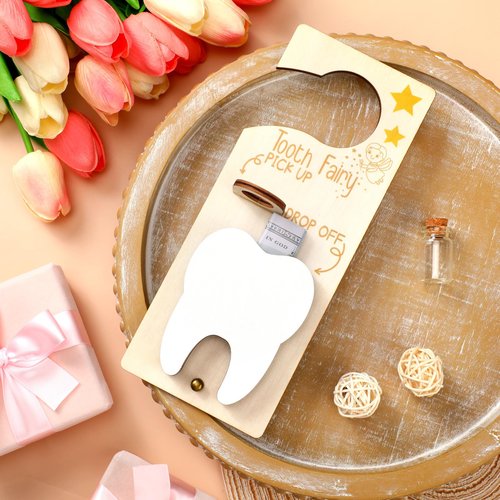 DoubleFill Tooth Fairy Gift Holder Bag Door Hanger Tooth Fairy Kit Stores Lost Teeth Keepsake Box Easter Gift World Oral Health Day Gifts for Lost Teeth Boy Girl(Fresh,Brown)