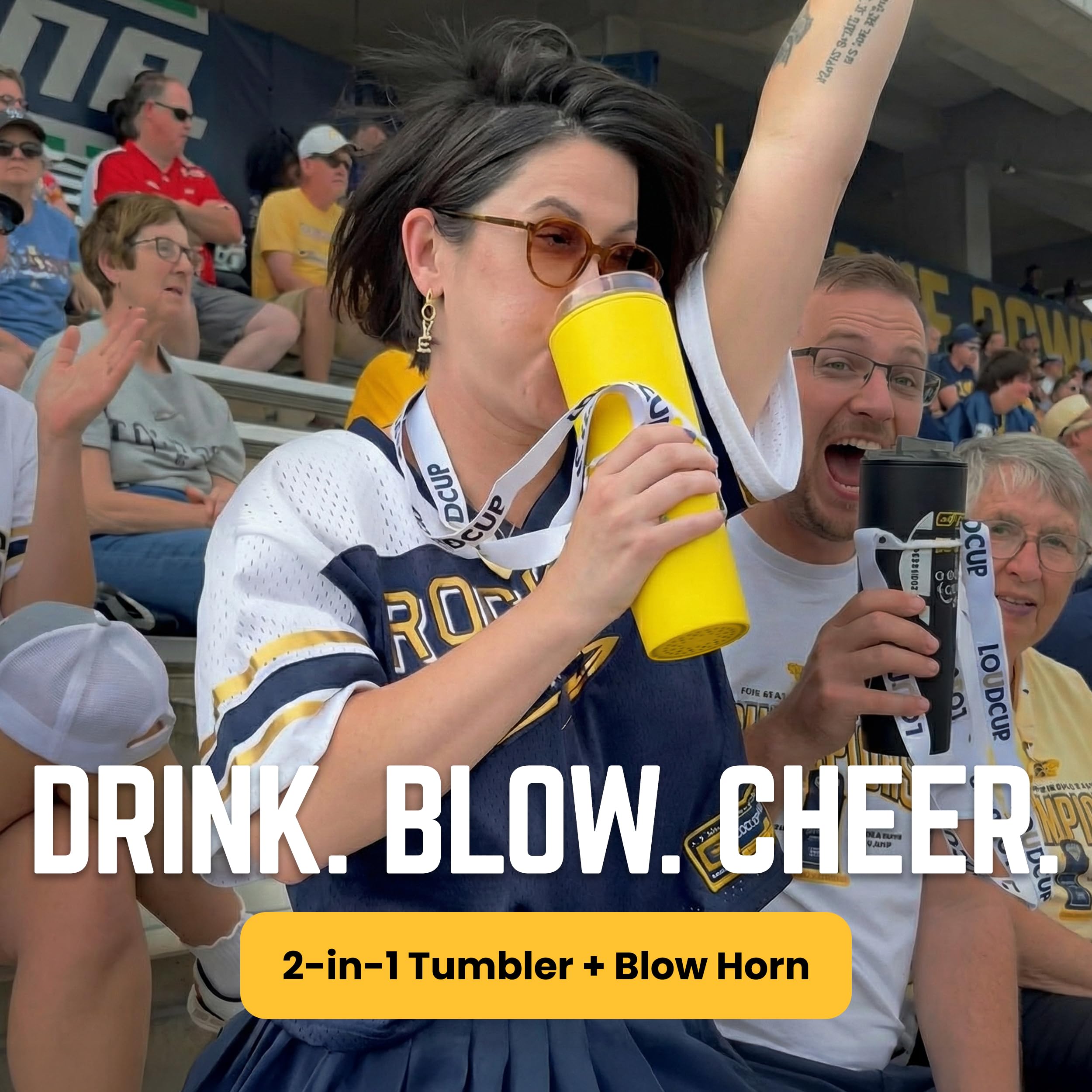 The LoudCup Blow Horn Tumbler, Cheer & Sip 2-in-1 Reusable Water Bottle with Built-In Horn for Sports Games, Tailgates, Parties & Events, BPA-Free, 23 oz, Jet Black