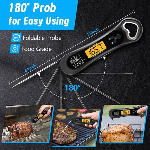 Meat Thermometer - Skiennix Instant Read Digital Thermometer with Backlight & Bottle Opener | Perfect for BBQ, Turkey & Candy