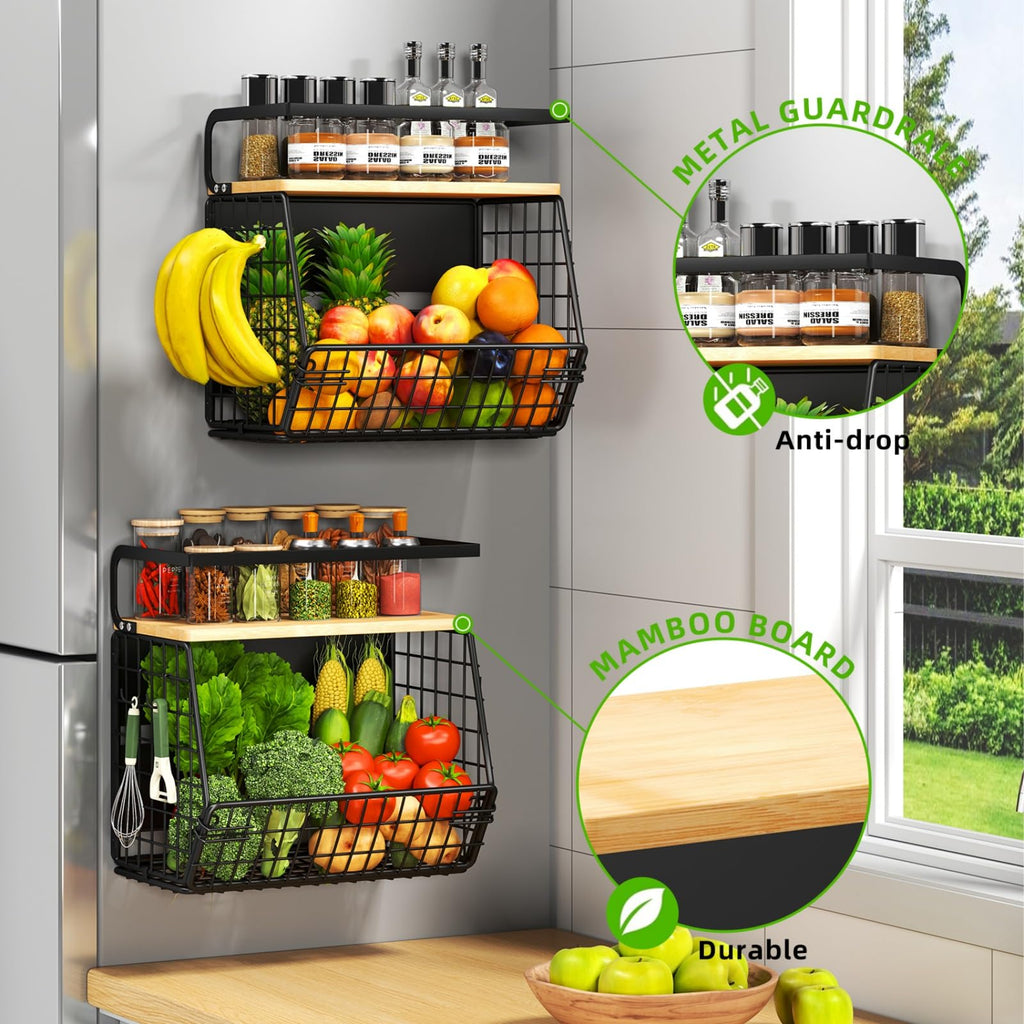 DecruKaltiz Magnetic Shelf for Fridge with Bamboo Lid,Fruit Vegetable Potato and Onion Wire Basket, Refrigerator Magnetic Spice Rack for Countertops, Cabinets, Laundry Rooms and RVs (Black, 1 Pack)