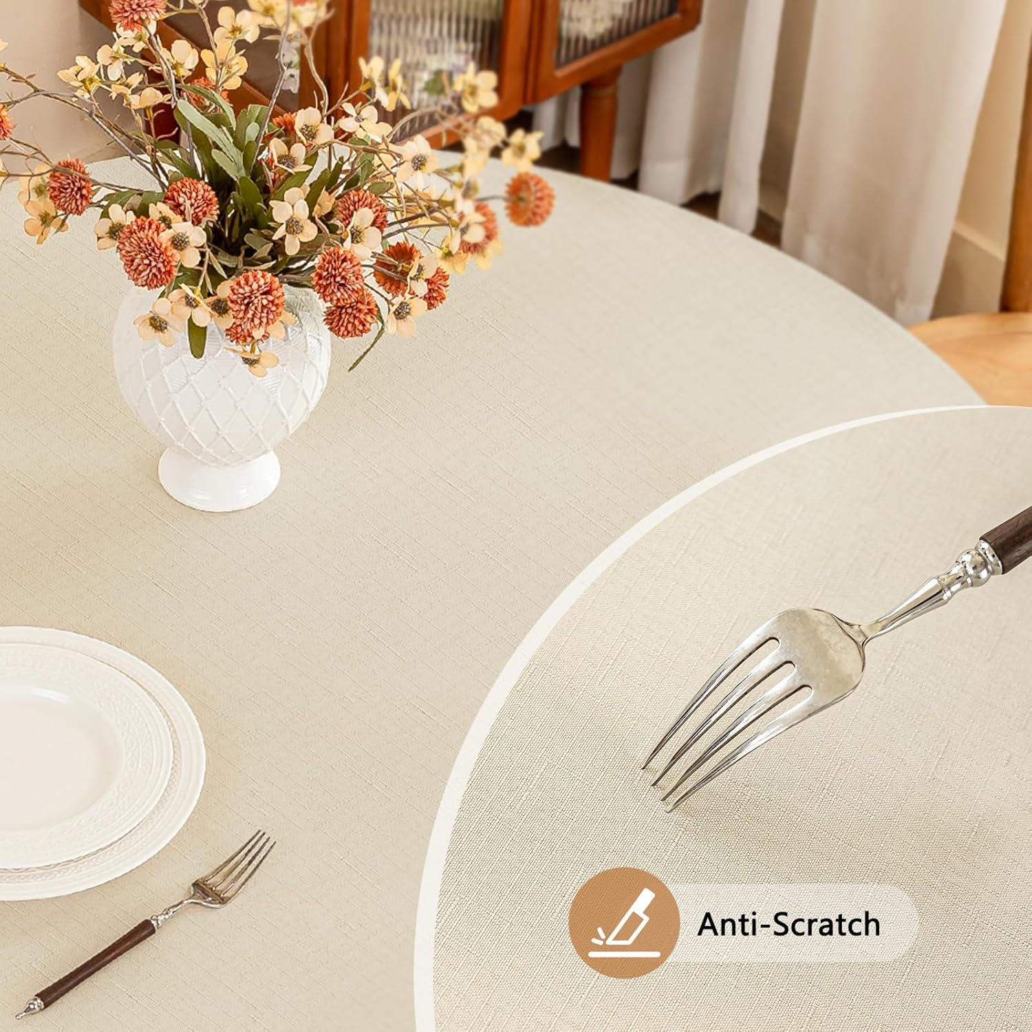 Textured Round Tablecloth - 60 Inch Beige, Water Resistant & Wipeable Faux Linen for 2-4 Seats