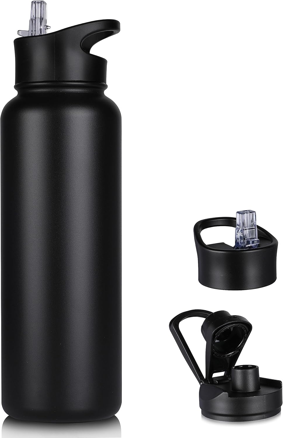 Skiennix 40 Oz Insulated Water Bottle - Stainless Steel, Leakproof, BPA-Free | Black with 2 Lids