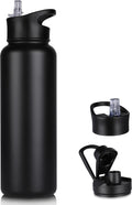 Skiennix 40 Oz Insulated Water Bottle - Stainless Steel, Leakproof, BPA-Free | Black with 2 Lids