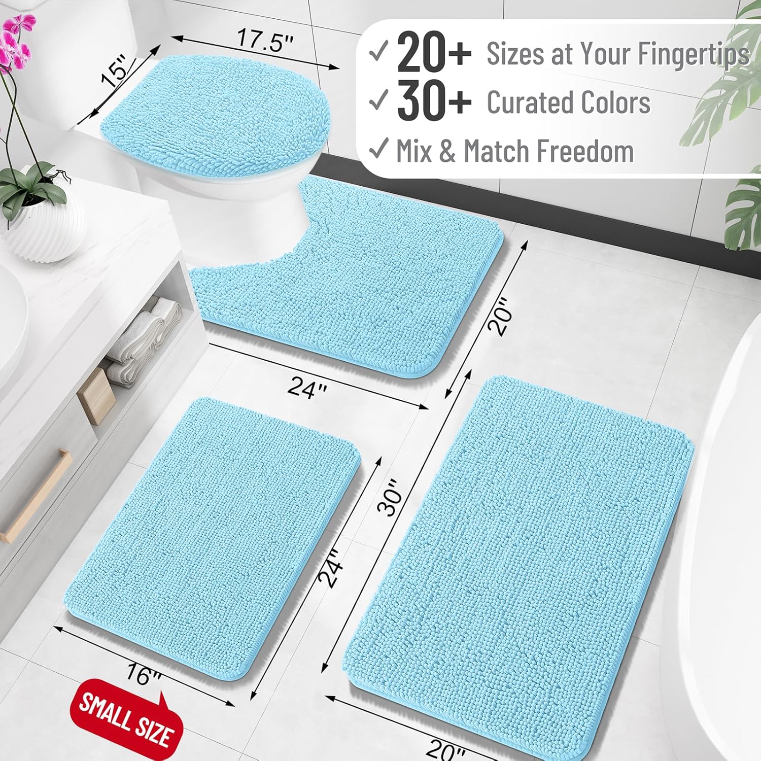 OLANLY Bath Rugs - Extra Soft Chenille, Quick Dry & Absorbent | 24x16 Sky Blue Machine Washable Mats
