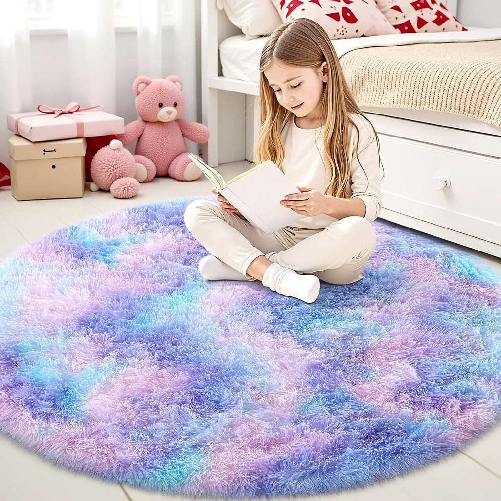 OLANLY Round Purple Rainbow Rug - Soft, Fluffy, Machine Washable 4x4 Feet Area Carpet for Kids' Rooms | Home Decor