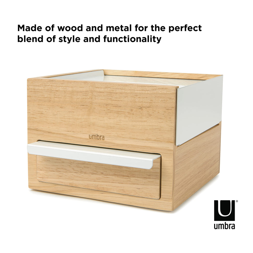 Umbra Mini Stowit Jewelry Box - Modern Keepsake Storage Organizer with Hidden Compartment Drawers for Ring, Bracelet, Watch, Necklace, Earrings, and Accessories (White/Natural)
