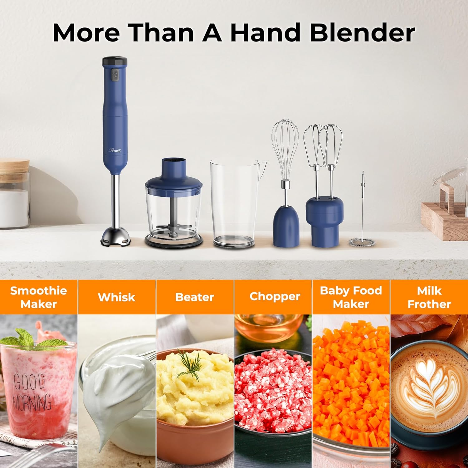 Rosewill 6-in-1 Cordless Immersion Hand Blender - Multi-Speed Heavy Duty Motor for Smoothies, Baby Food & Soup - Blue