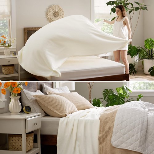 Bedsure Bundle of 1 Cotton Herringbone Weave Blanket Queen & 1 Cotton Waffle Weave Blanket Queen