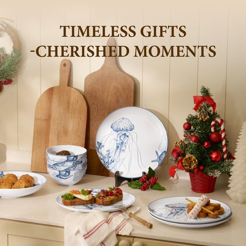 Minh Long 12-PCS Porcelain Coastal Dinnerware Set, Plates, Bowls, Service for 4, Chip & Scratch Resistant, Oven Safe up to 482°F, Non toxic, Lead & Cadmium Free, Stackable, Dishwasher & Microwave Safe