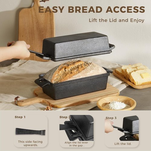HONGBAKE Cast Iron Bread Pan - 2 in 1 with Lid & Lever | Pre-Seasoned Nonstick 9x5 Sourdough Baking Pan