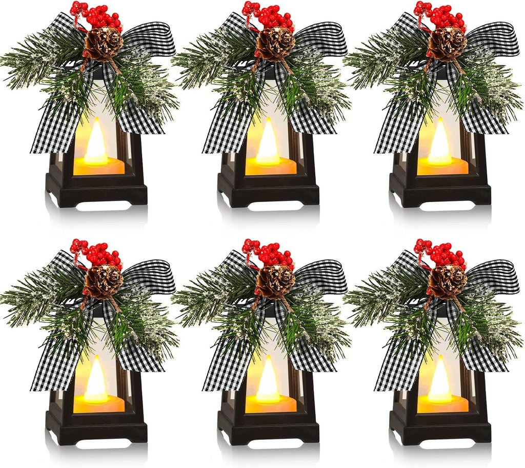 Regine Switzerland Christmas Mini Lanterns - Set of 6 Decorative LED Hanging Lights | Buffalo Plaid Bow, Battery Included