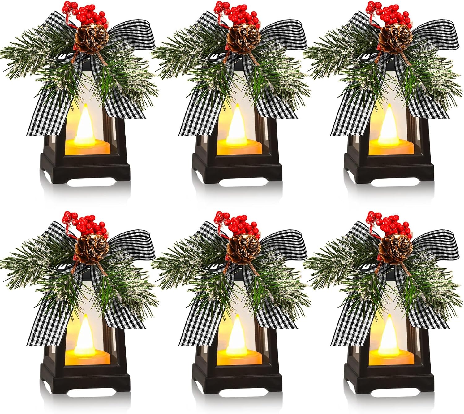 Regine Switzerland Christmas Mini Lanterns - Set of 6 Decorative LED Hanging Lights | Buffalo Plaid Bow, Battery Included