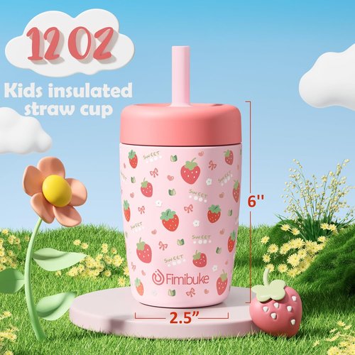 Fimibuke Kids Sippy Cups - Spill Proof 12 OZ Insulated Tumbler Set for Boys & Girls | BPA-Free, Stainless Steel with Silicone Straw, 2 Pack