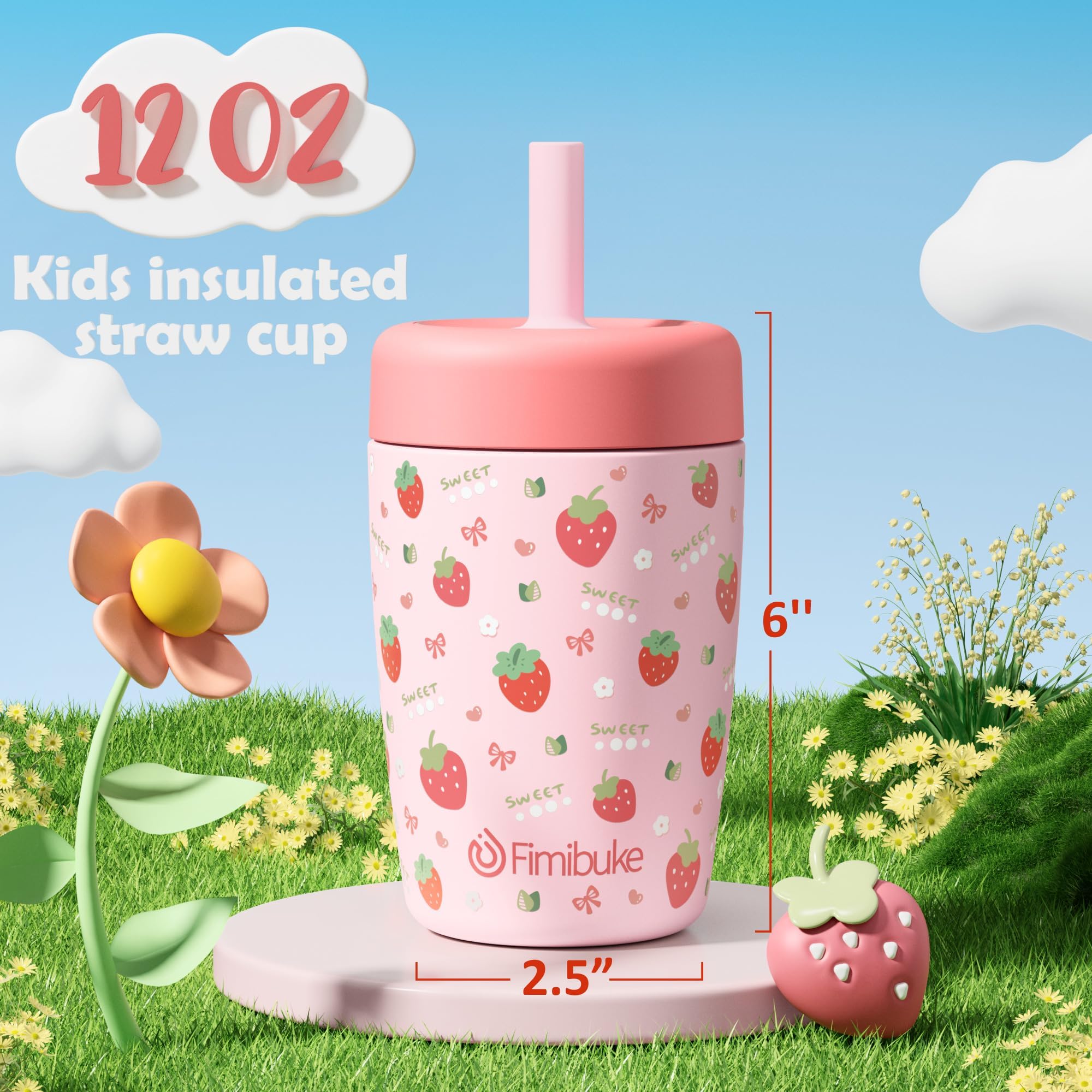 Fimibuke Kids & Toddler Cups Spill Proof, 12 OZ Insulated Sippy Cups for Toddlers Boys Girls, BPA-Free Toddler Straw Tumbler, Stainless Steel Kids Water Bottle with Twist Lids & Silicone Straw, 1 Pack