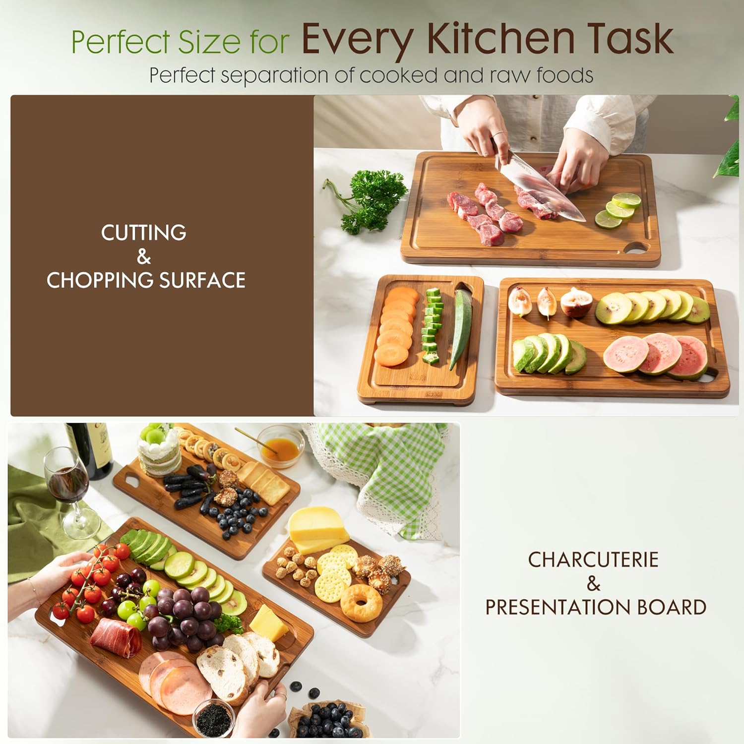 Astercook Bamboo Cutting Boards - Reversible Charcuterie & Chopping Board Set with Juice Grooves | Kitchen Gift