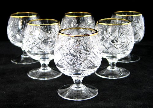 SET of 6 Russian Cut Crystal Cognac Scotch Whiskey Stemmed Snifter Goblet Glass, 24K Gold Rimmed 5 Oz. Vodka Liquor Old-fashioned Glassware Hand Made