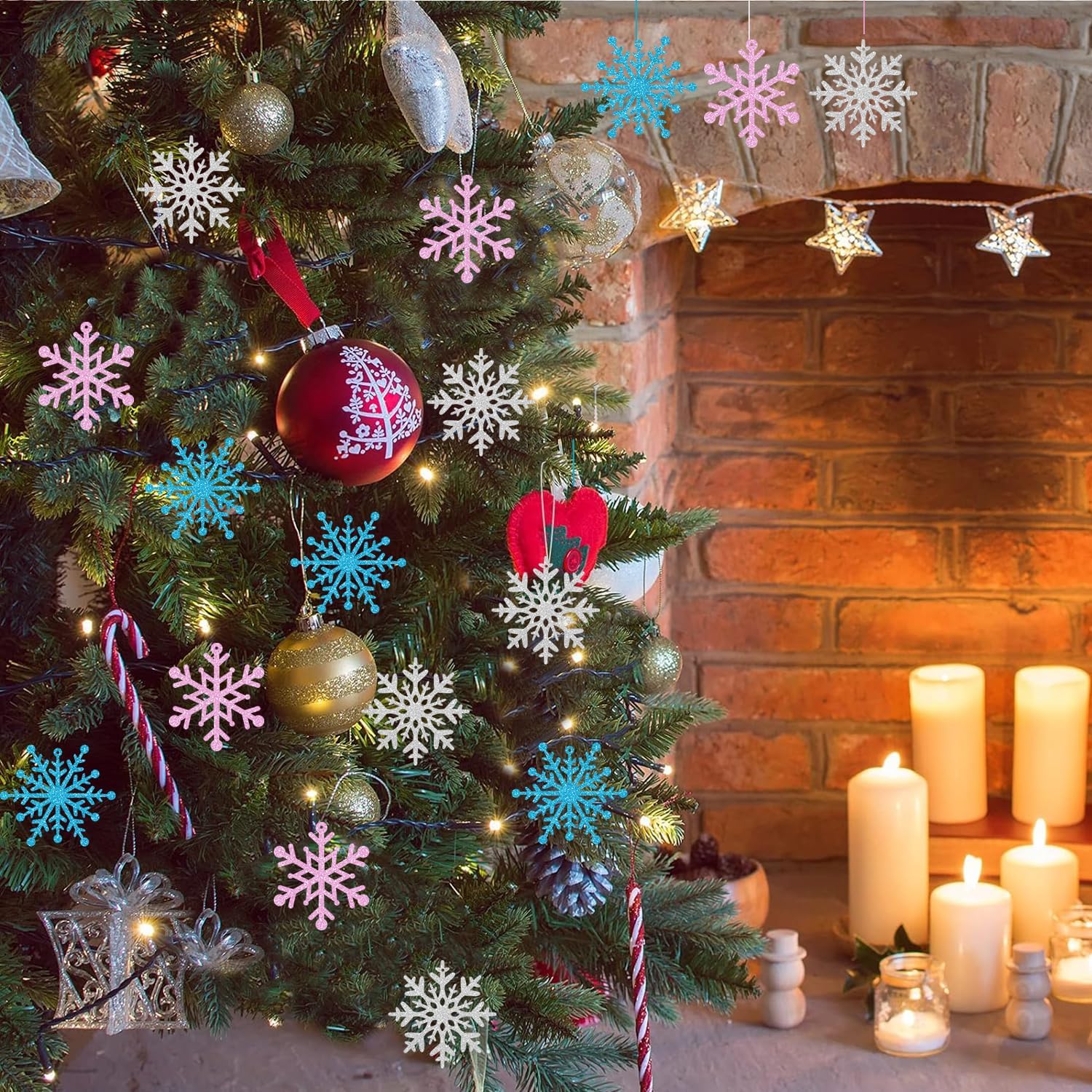 Skiennix Winter Snowflake Hanging Ornaments - Sparkly Ceiling Streamers for Christmas & New Year | Glitter Pink, Blue & Silver