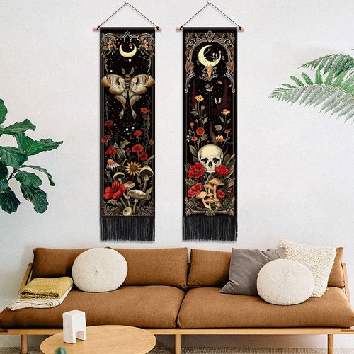 ARTCREATOR Pack of 2 Witchy Gothic Wall Bedroom Decor Moth Moon Tapestry Skull Mushroom Vertical Tapestries Retro Floral Flowers Tapestries for Bedroom Aesthetic Art Room (12.8 x 51.2 inches)