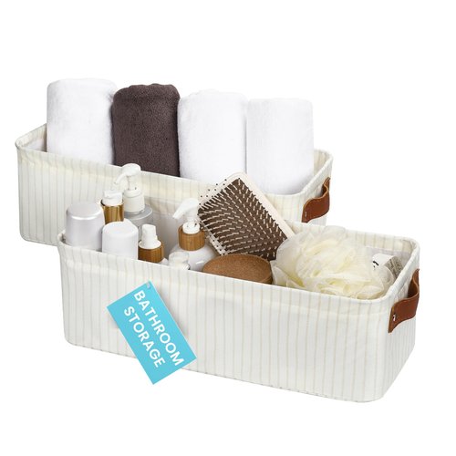 OrganiHaus Narrow Storage Bins 15x06in, Small Closet Bins for Shelves, Bathroom Storage Baskets, Narrow Baskets, Fabric Organizer with Handles, Toilet Paper Organizer - 2 Pack, White w/ Brown Stripes